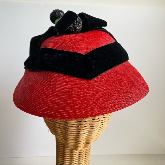 Vintage 50s Gladys & George Originals Pillbox Fascinator Hat Red Black Velvet - Picture 2 of 10